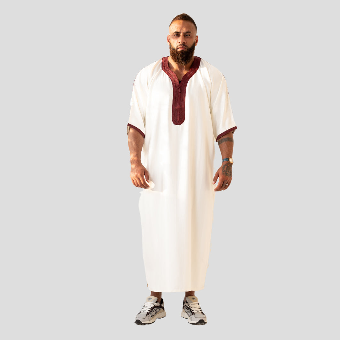 White/Maroon Short Sleeve Moroccan Thobe