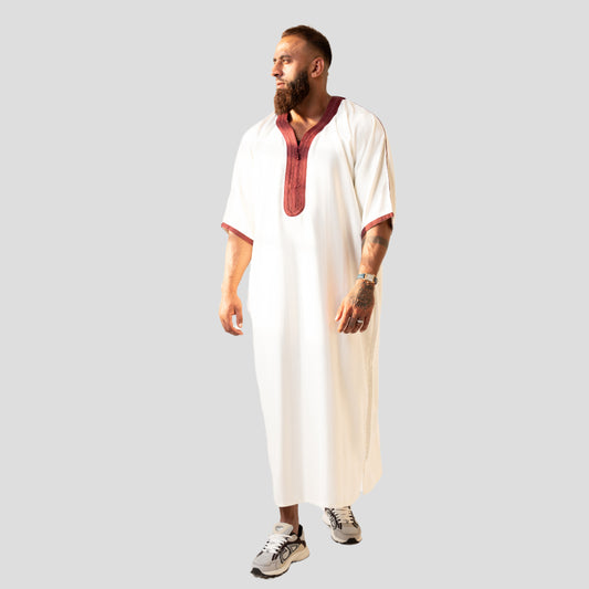 White/Maroon Short Sleeve Moroccan Thobe