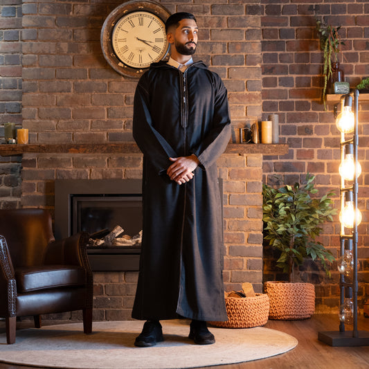 Front view of charcoal grey wool Moroccan thobe for men