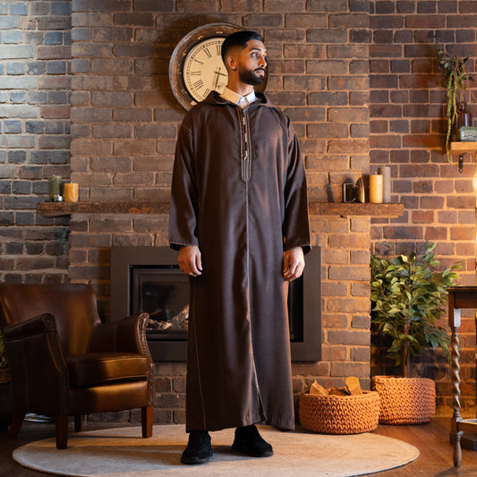 Front view of coffee brown wool Moroccan thobe for men