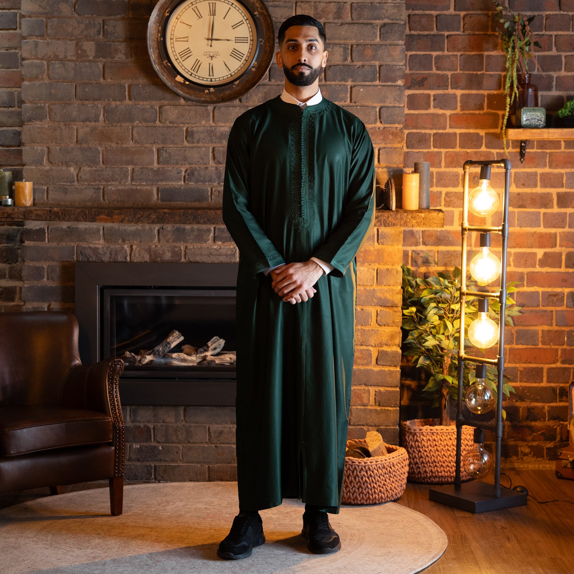 Elegant full-length view of the Emerald Green Moroccan Kaftan