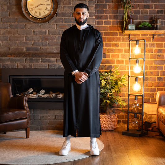 Front view of onyx black Moroccan djellaba for men