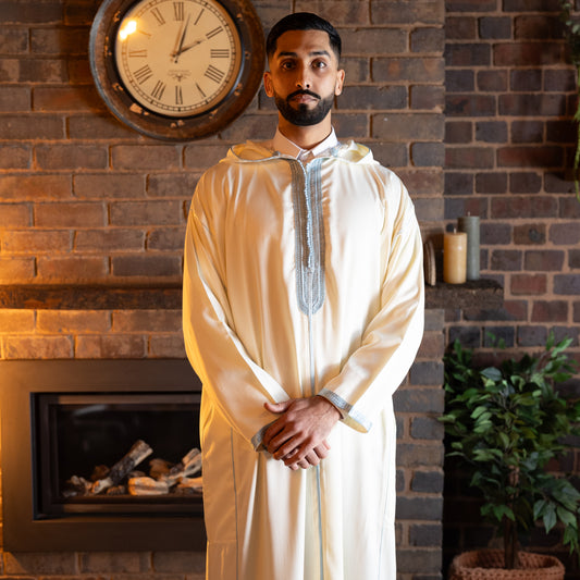 Front view of pearl and sky Moroccan djellaba for men