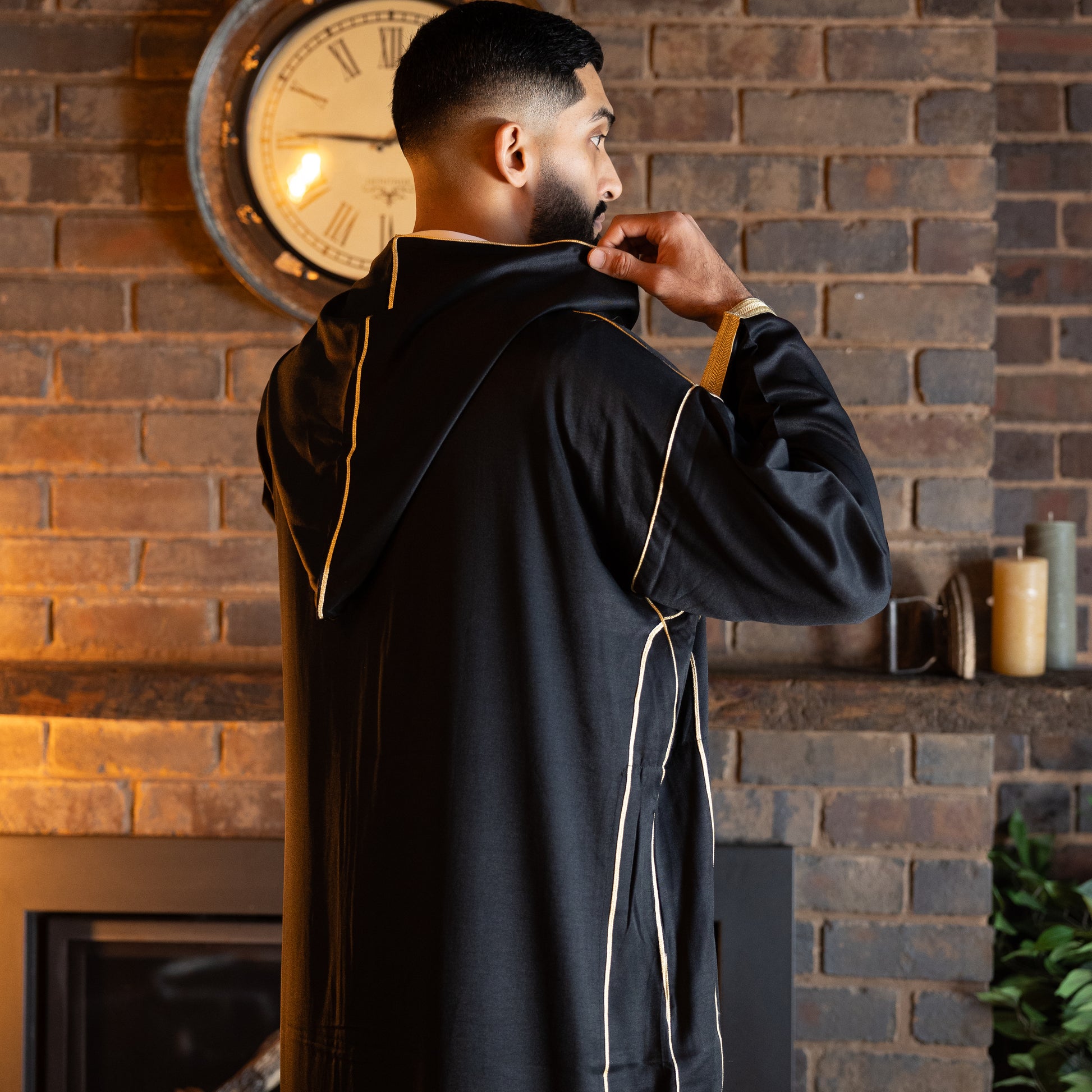 Back Side view of elegant royal black Moroccan djellaba