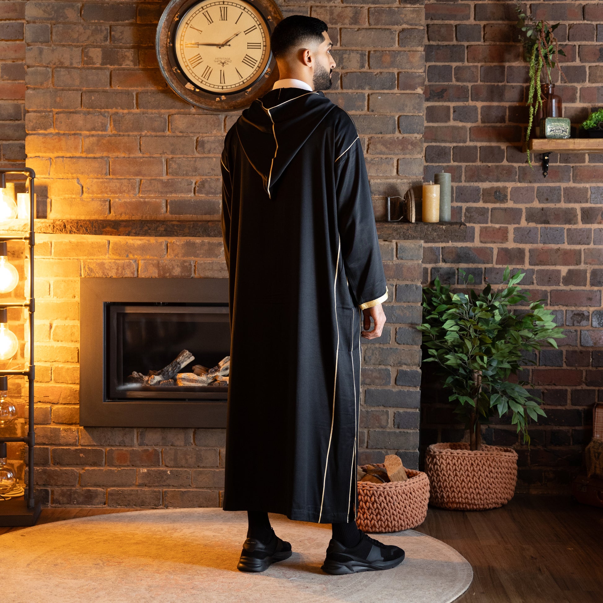 Back view of elegant royal black Moroccan djellaba