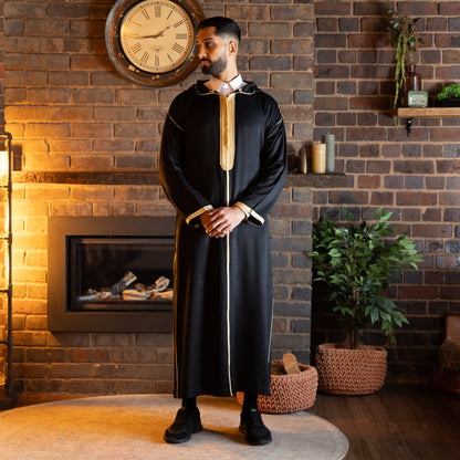 Front  side view of royal black Moroccan djellaba for men
