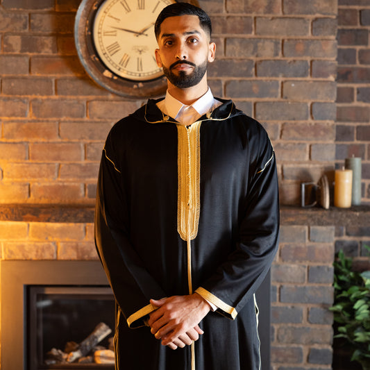 Front view of royal black Moroccan djellaba for men