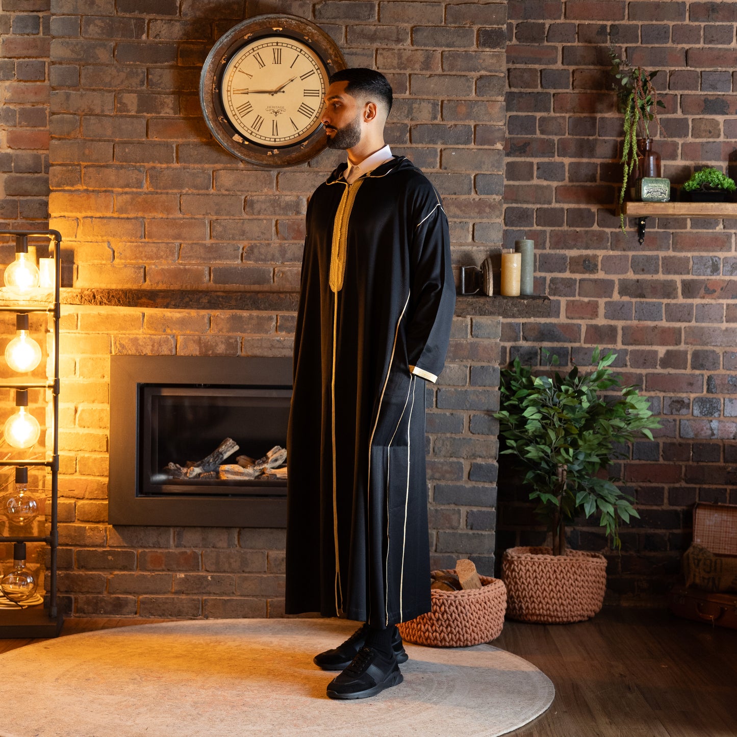 Side view of traditional royal black Moroccan djellaba for men