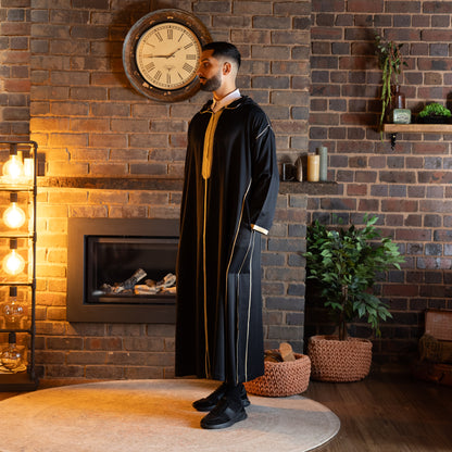 Side view of traditional royal black Moroccan djellaba for men