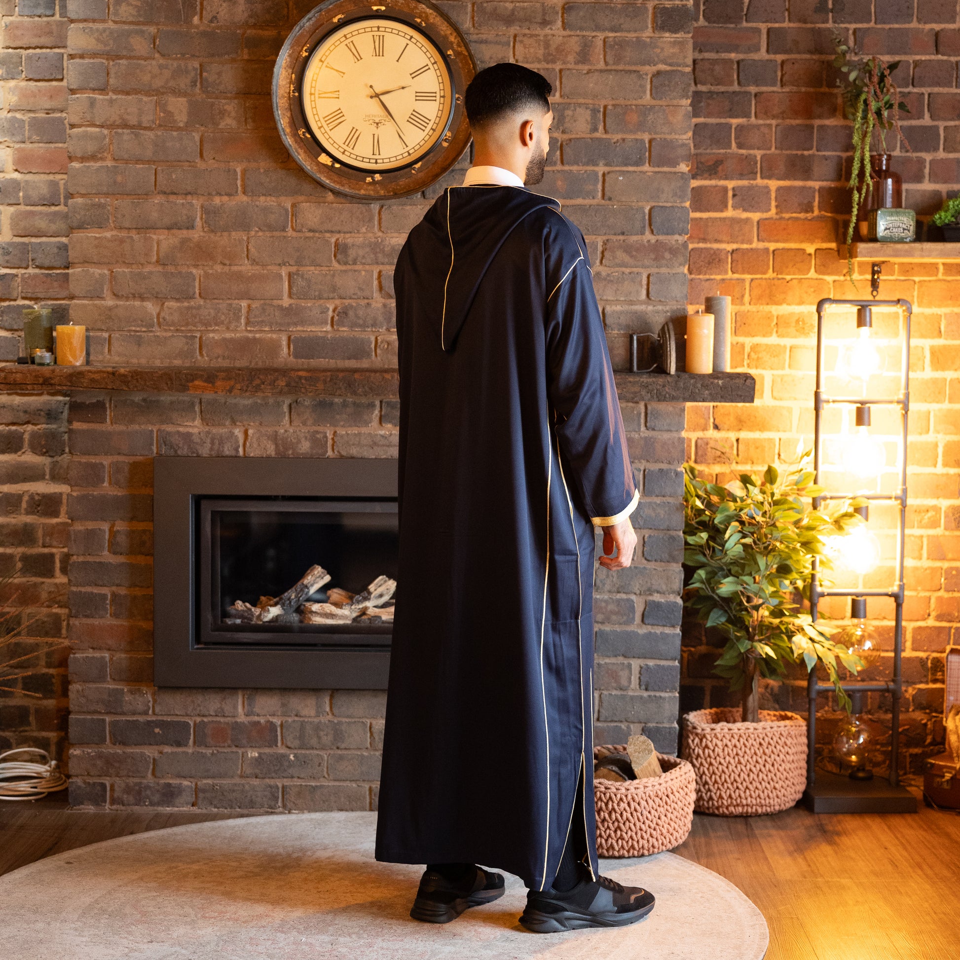 Back view of elegant royal navy Moroccan djellaba