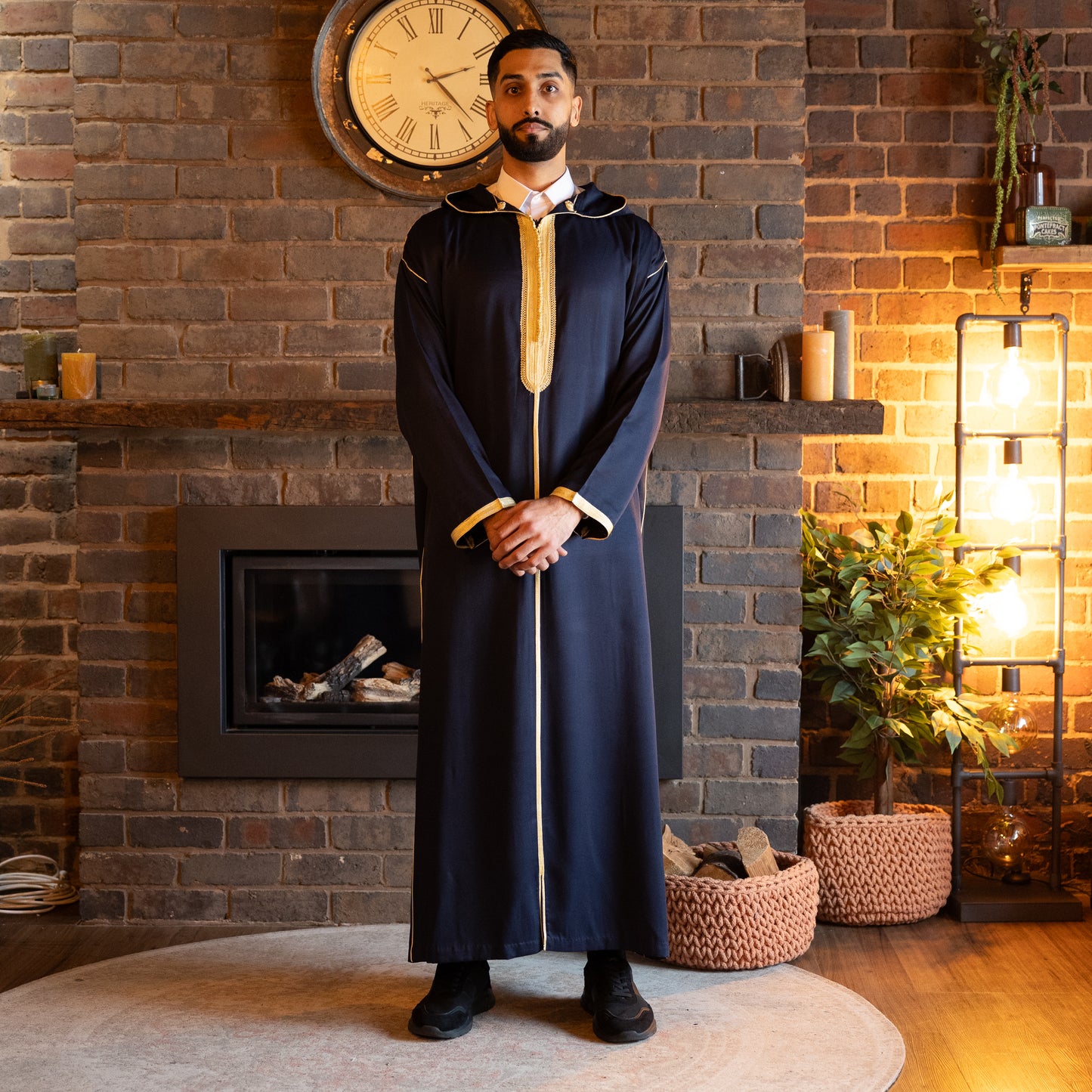 Front view of royal navy Moroccan djellaba for men