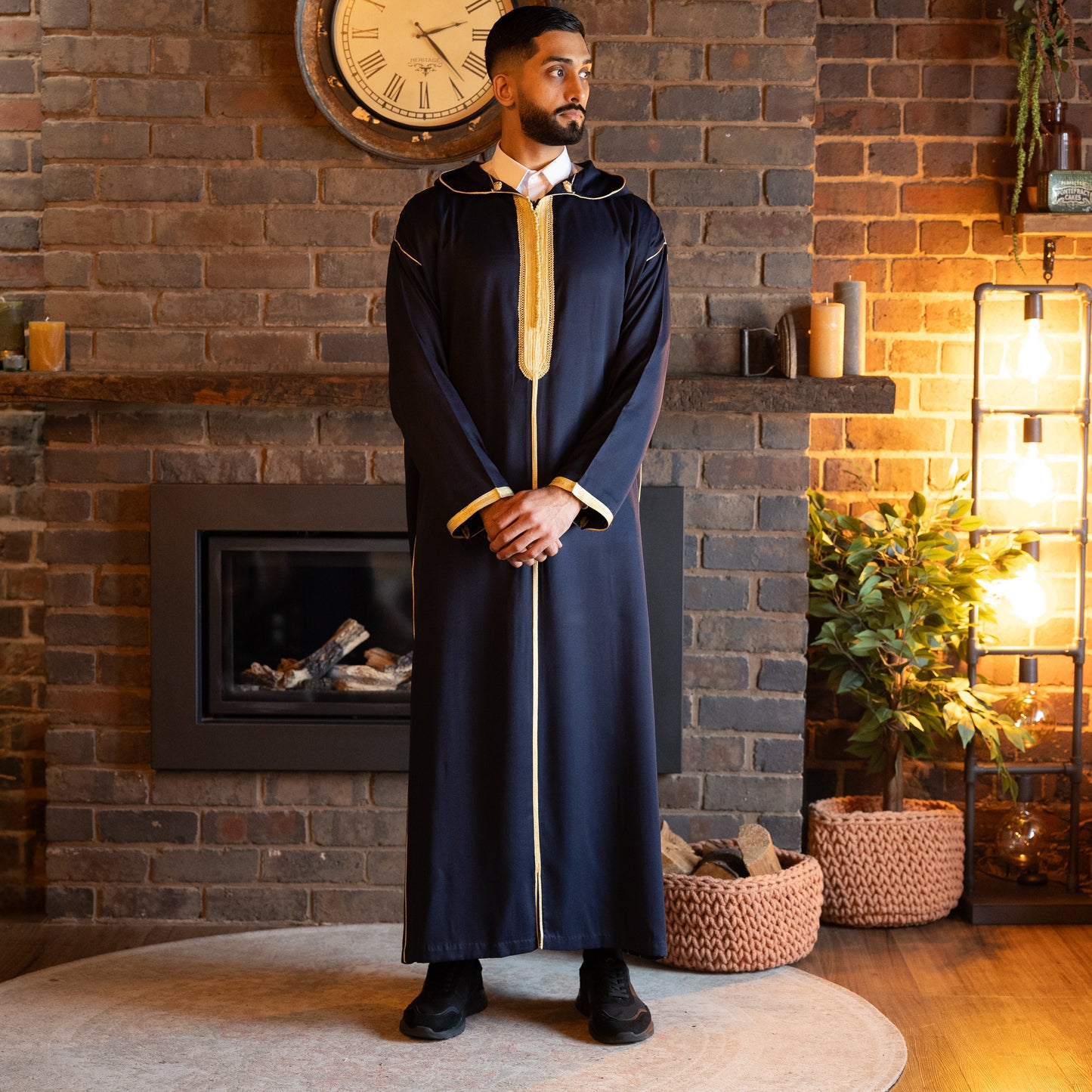 Front view of royals navy Moroccan djellaba for men