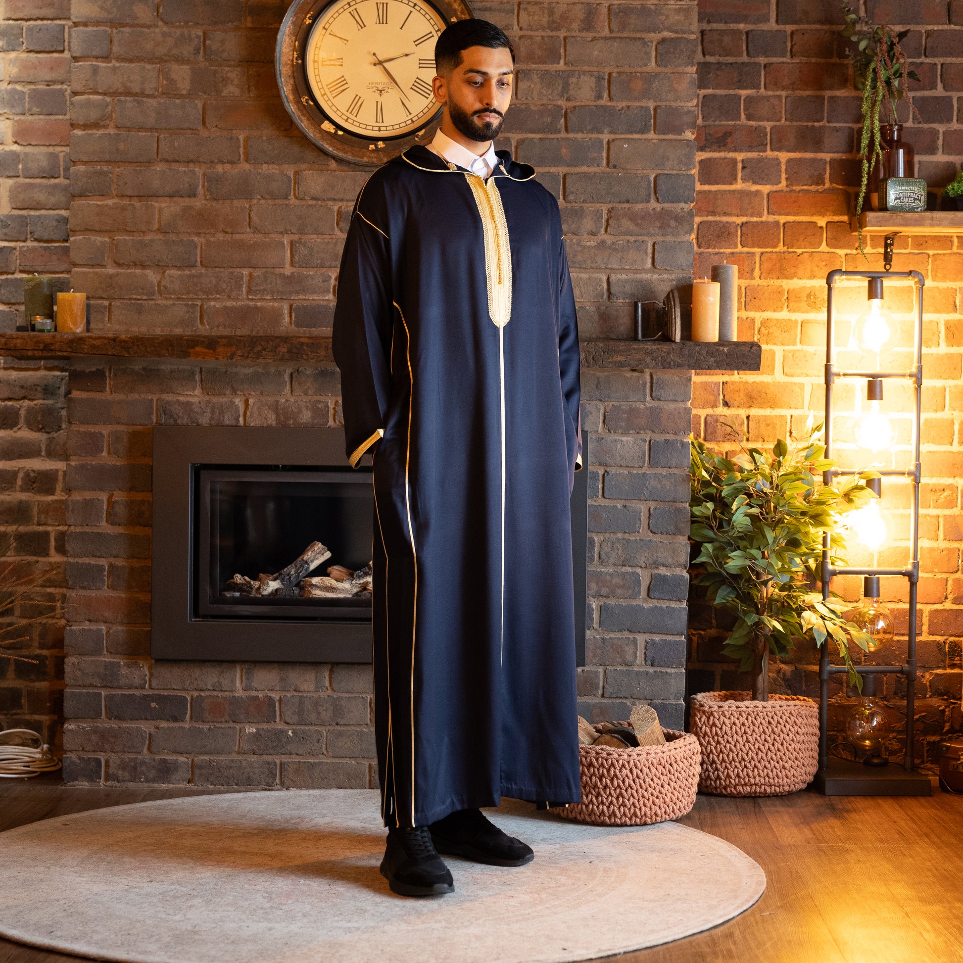Model wearing royal navy Moroccan djellaba for men
