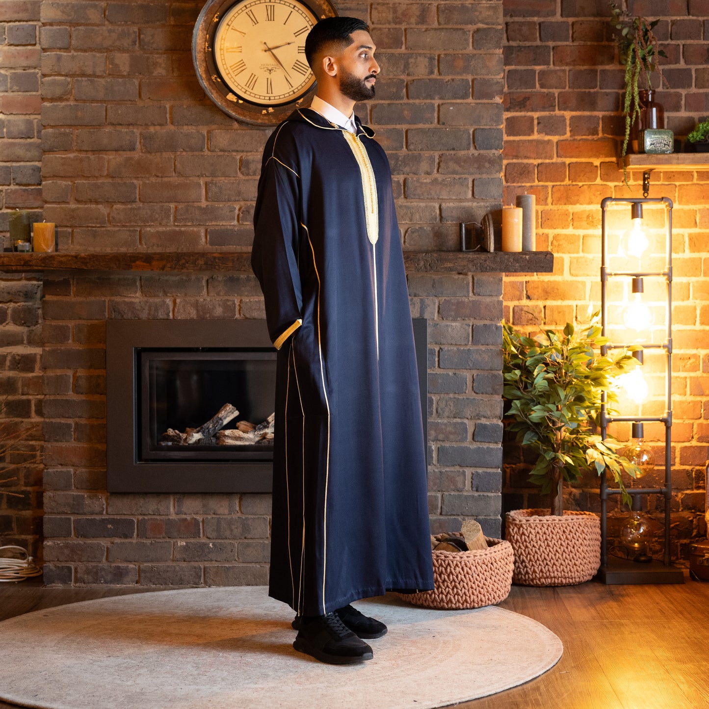 Side view of traditional royal navy Moroccan djellaba for men