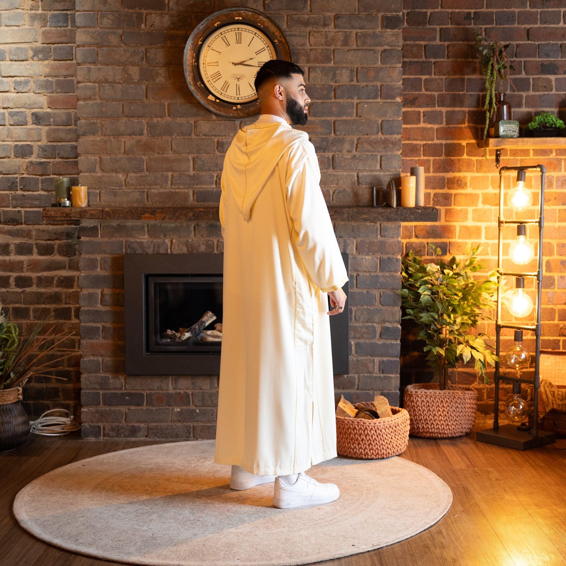 Back view of elegant royal white Moroccan djellaba