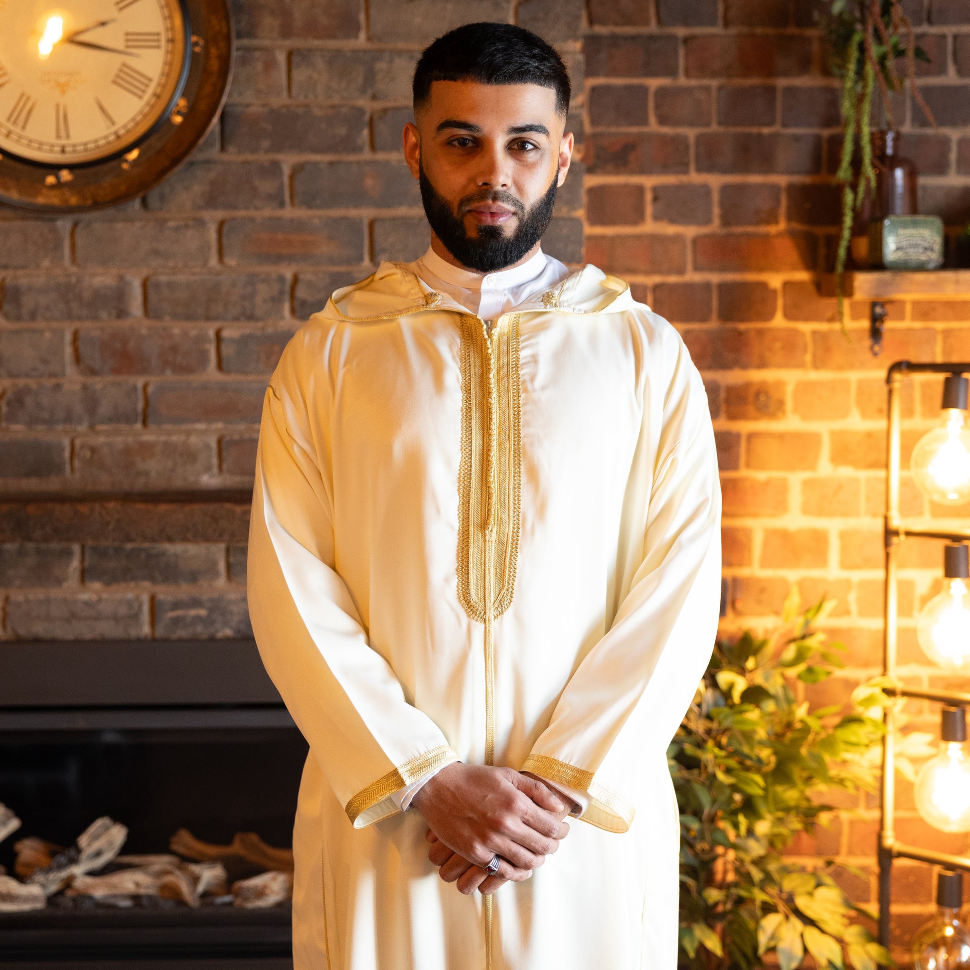 Front view of royal white Moroccan djellaba for men