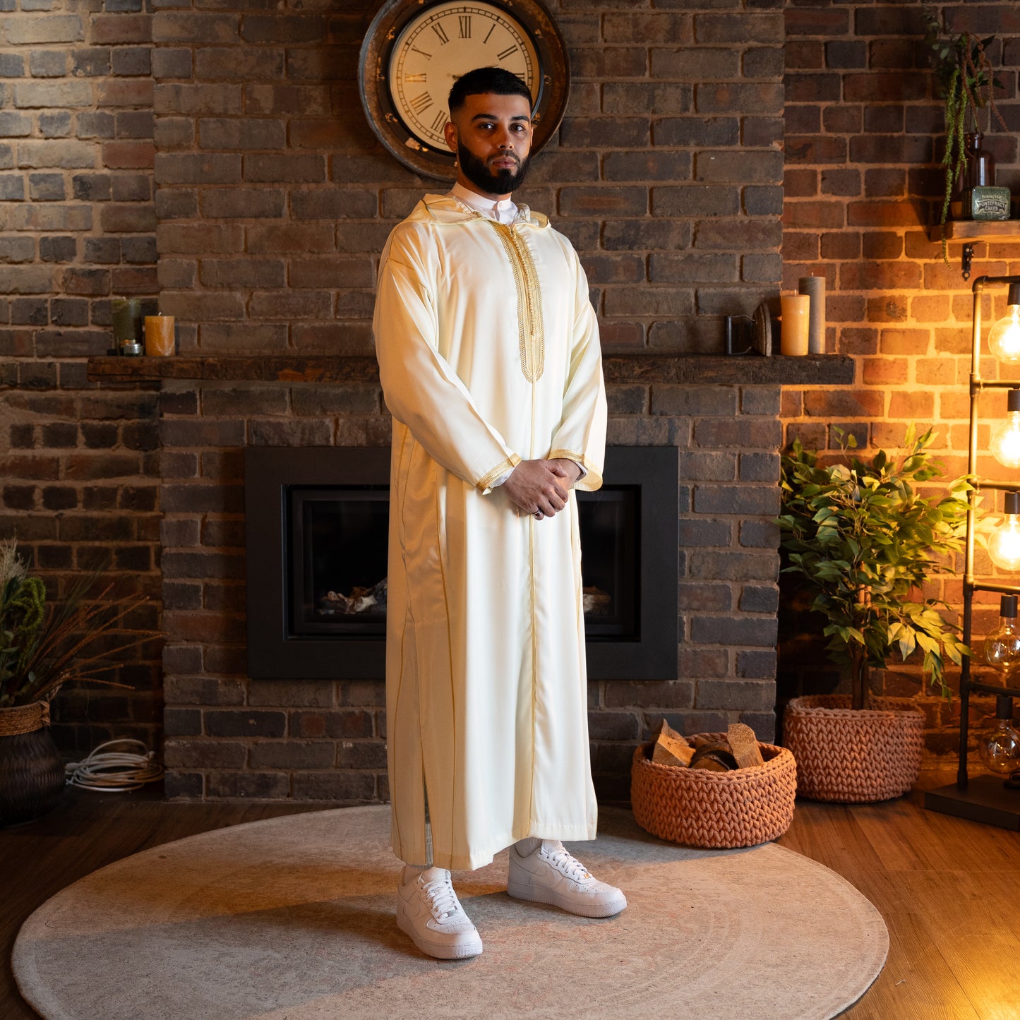 Model wearing royal white Moroccan djellaba for men