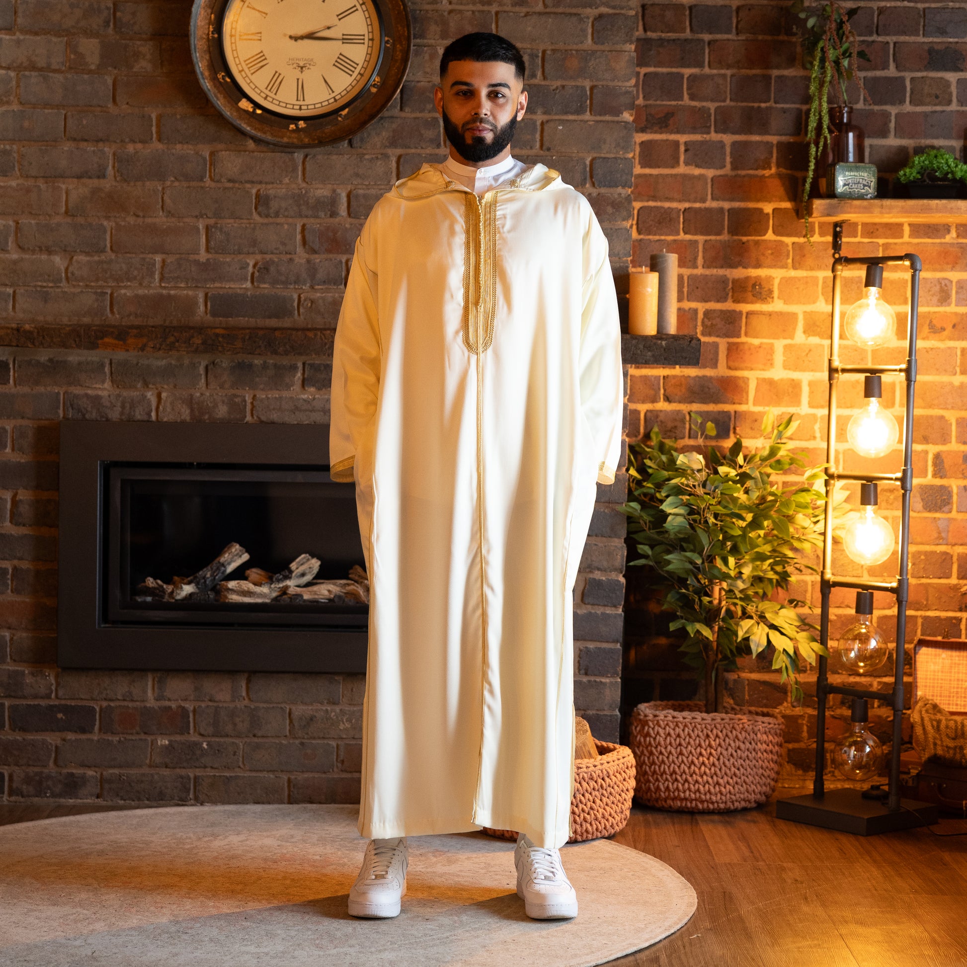 wide view of royal white Moroccan djellaba for men